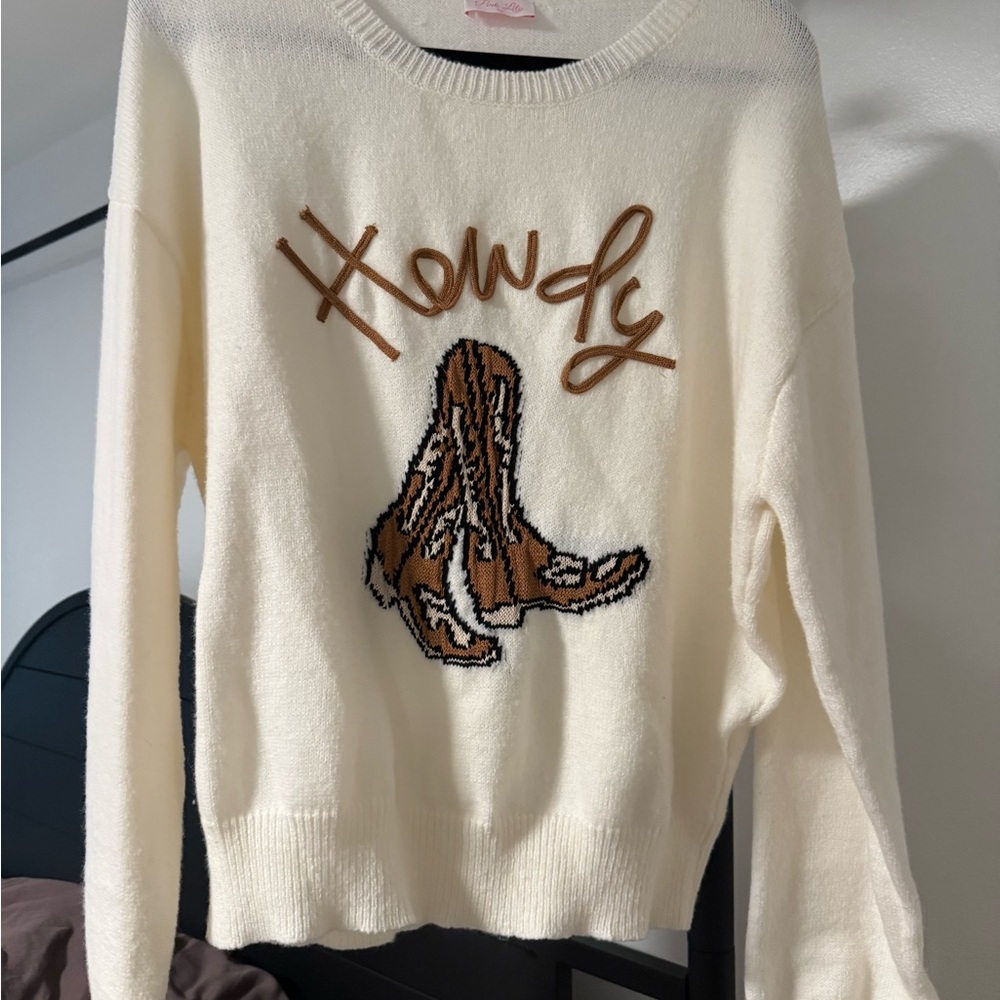 Pink Lily Cream Sweater with Western Boots Design